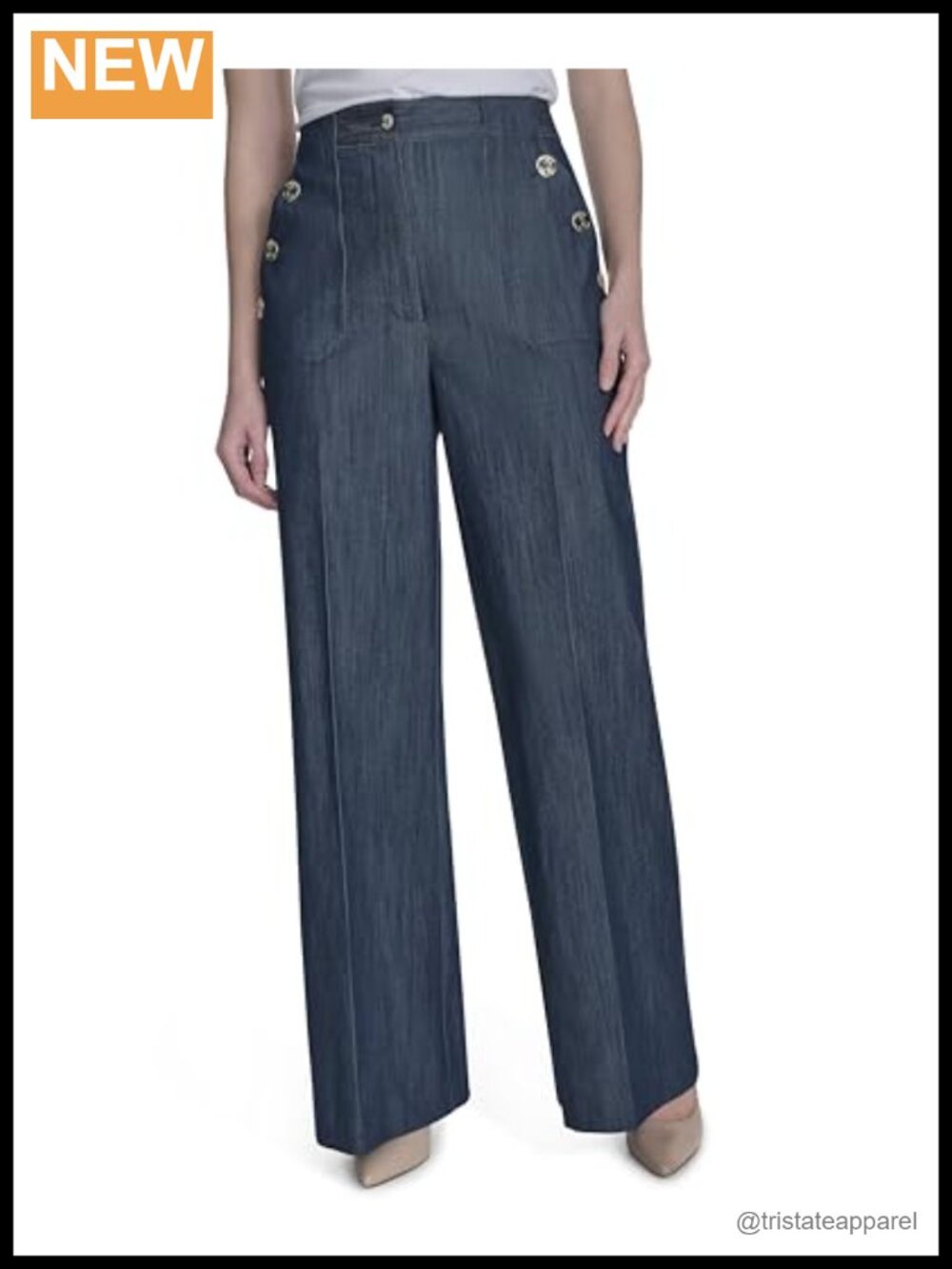 Wide Leg Sailor Pants with Button Trim - Navy